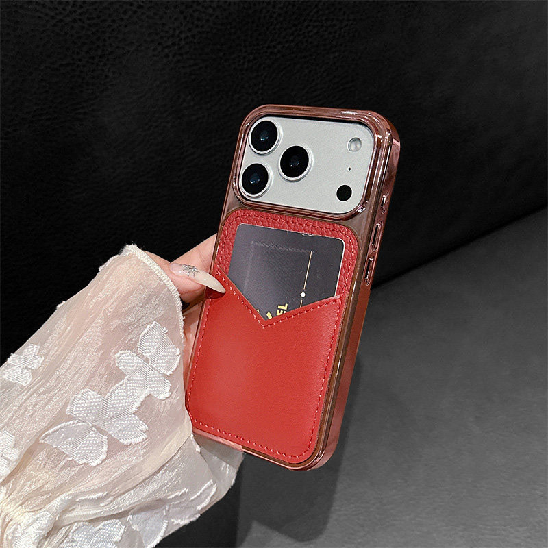 时尚电镀荔枝纹卡包适用苹果17promax手机壳咭袋iPhone16pm新款带卡槽15高级卡套一体可插卡放卡ip十七卡夹女