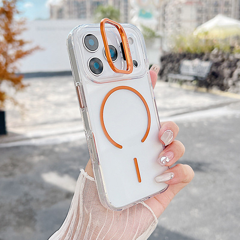 橙色金属镜头支架适用苹果17promax手机壳新款iPhone16透明magsafe磁吸15plus高级i14全包防摔13隐形支点12套