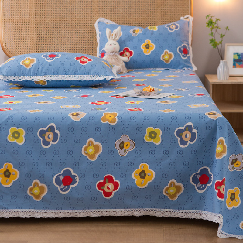 轻时尚夏天凉感纯棉麻加厚老粗布床单单件全棉帆布被单清新蓝花边