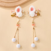 汉服女童冬款 儿童古风兔子毛球发饰宝宝国风仙气步摇流苏对夹头饰