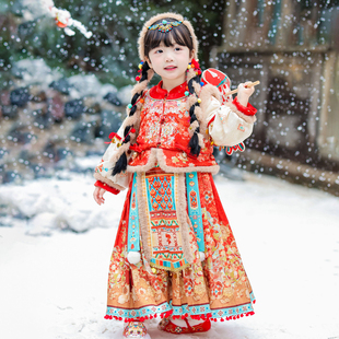女孩西域风拜年服 加厚明制马面裙套装 汉服女童2025冬款 儿童新中式