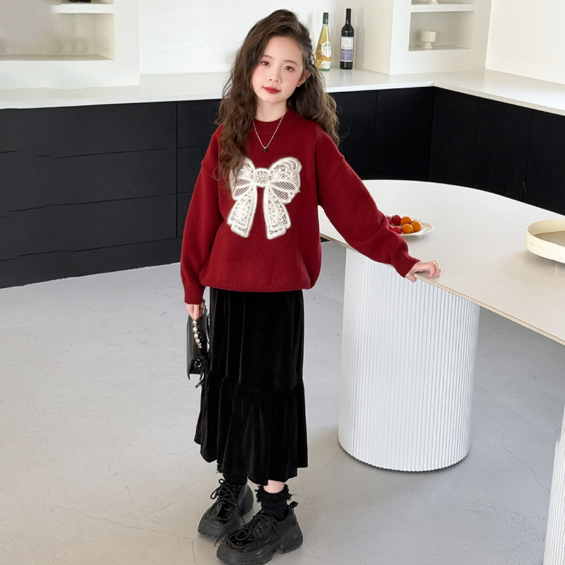 女童裙子冬装丝绒长裙2025新款大童半身裙儿童秋冬加厚黑色连衣裙