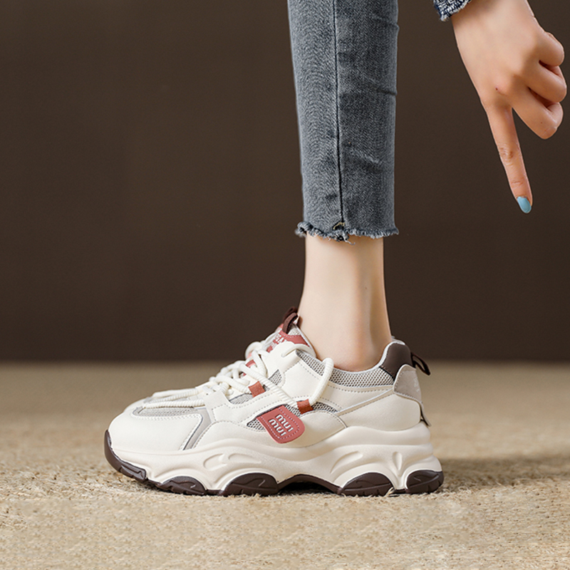 杰豪女鞋真皮网面老爹鞋女款2024新款休闲鞋厚底内增高ins潮正品
