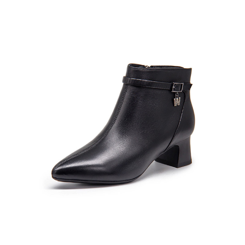 杰豪女鞋真皮粗跟短靴女2025年秋冬新款尖头侧拉链时装靴舒适百搭,女鞋,时装靴,淘宝优惠券,粉丝福利购,淘宝优惠卷