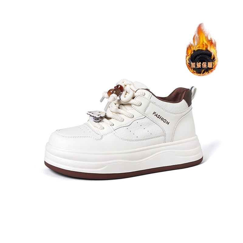 杰豪女鞋真皮厚底加绒运动休闲鞋2025冬季新款保暖小白鞋板鞋正品