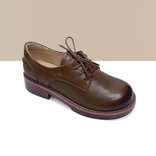 杰豪女鞋2024年新款真皮系带休闲中跟皮鞋复古单鞋妈妈鞋专柜正品