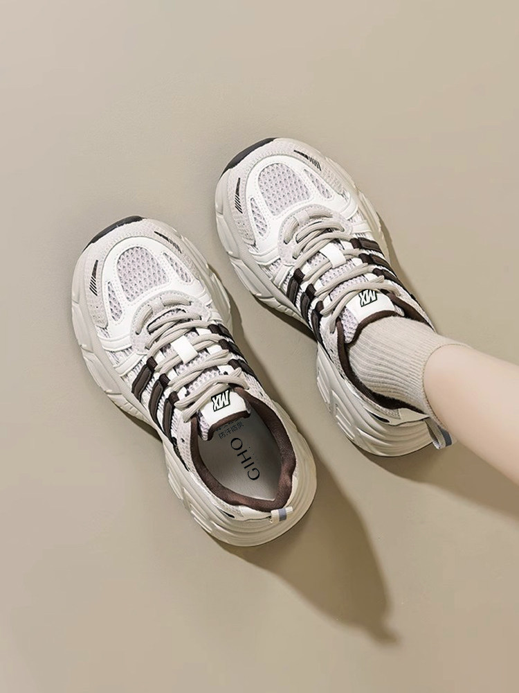 杰豪女鞋真皮厚网面运动休闲鞋女2025春季新款老爹鞋轻便厚底正品