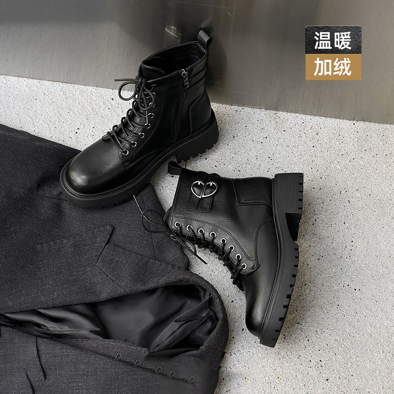 杰豪女鞋真皮马丁靴女款2024新款冬季加绒短靴英伦风舒适百搭正品