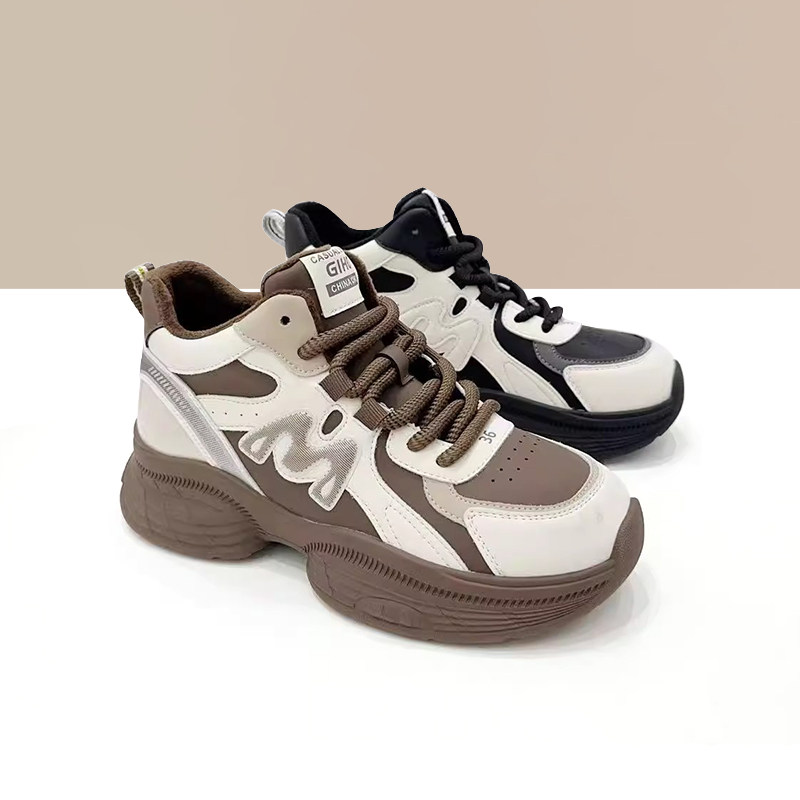 杰豪女鞋真皮厚底运动休闲鞋女2024新款冬季加绒老爹鞋显脚小正品