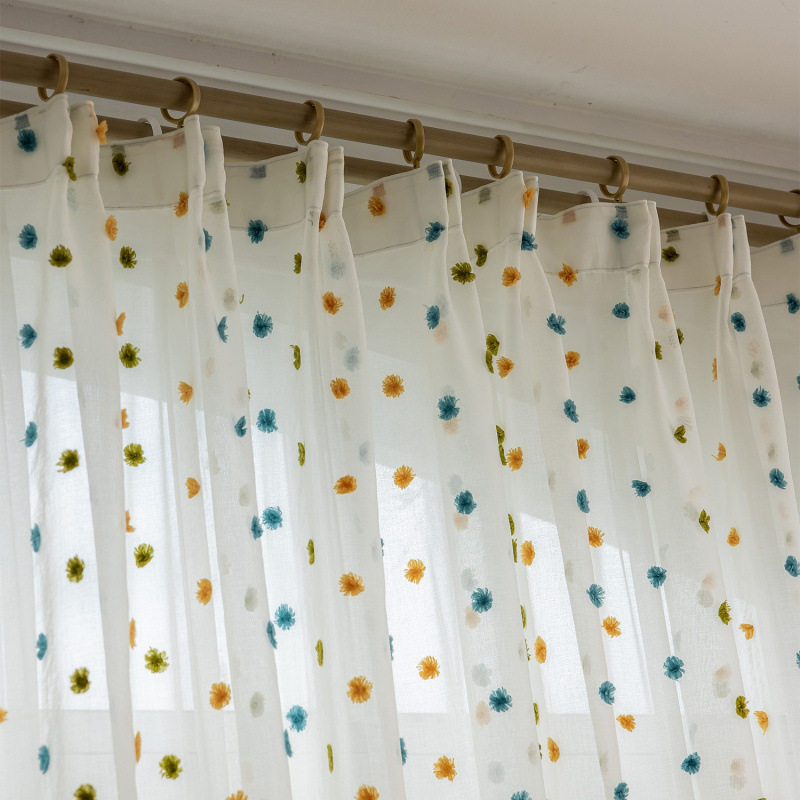 半透马卡龙毛绒球纱帘 波点ins风儿童窗纱可爱糖果色卡通风格窗帘