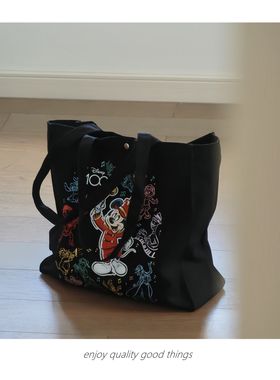 周年纪念款米奇帆布单肩包女可爱卡通休闲黑色大容量环保袋购物袋