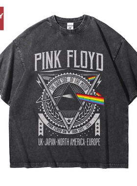 欧美平克佛洛依德pinkfloyd宽松做旧水洗重磅纯棉五分短袖T恤男女