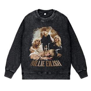 美式流行歌手复古vintage做旧水洗秋冬圆领套头卫衣billie碧梨男