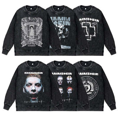 美式复古做旧水洗vintage圆领套头卫衣德国战车Rammstein乐队金属