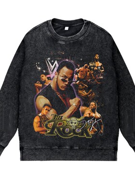 美式复古vintage高街潮流WWE职业摔跤therock巨石强森圆领套头衣
