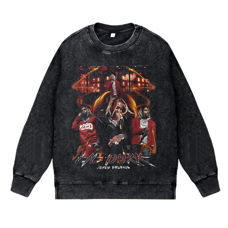 美式说唱嘻哈潮流apper水洗做旧印花vintage秋冬套头卫衣lildurk