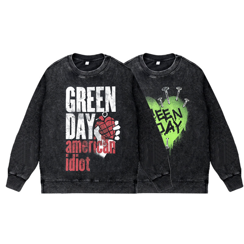 美式复古做旧水洗vintage圆领无帽套头卫衣绿日朋克摇滚greenday