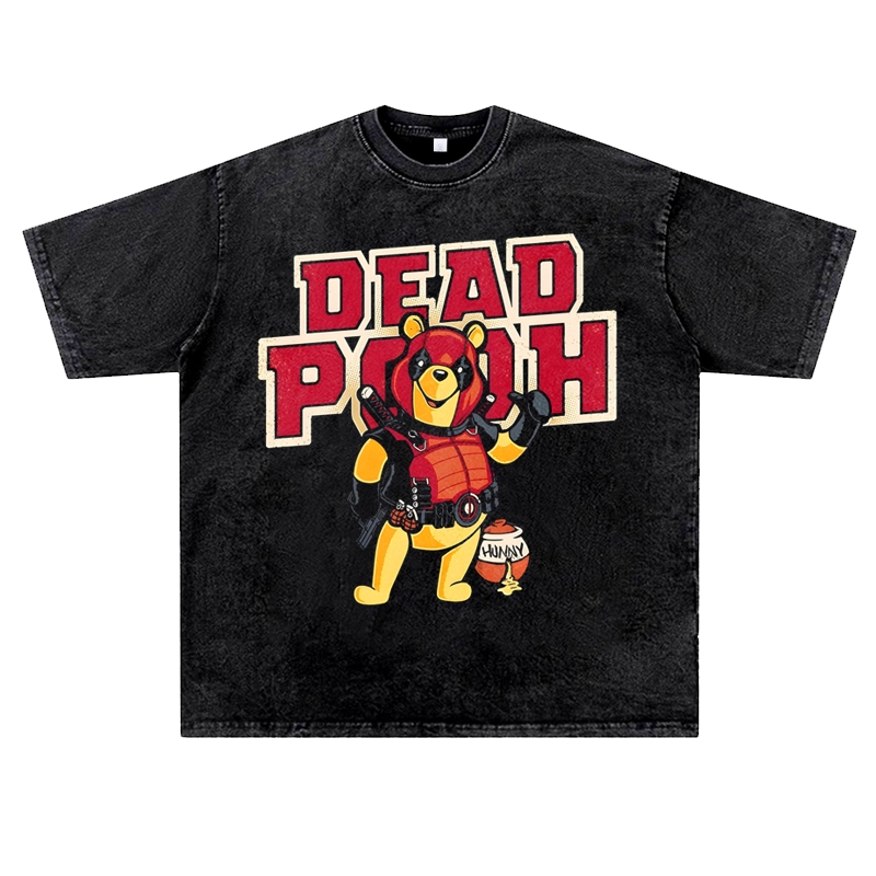 美式日系动漫恶搞维尼熊联名死侍复古vintage高街水洗做旧T恤男女
