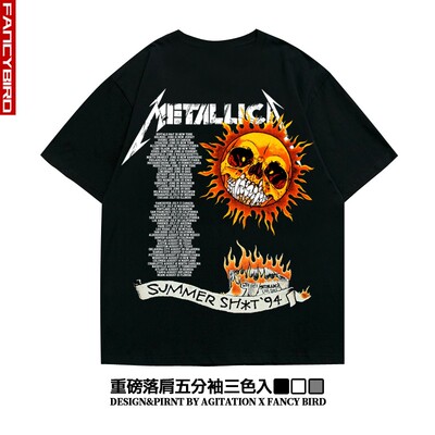 ins美式摇滚金属metallica街头oversize落肩五分袖重磅宽松T恤男