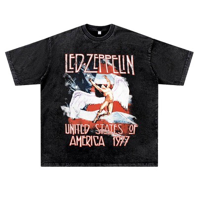 美式复古vintage水洗做旧摇滚金属ledzeppelin齐柏林飞艇T恤男夏