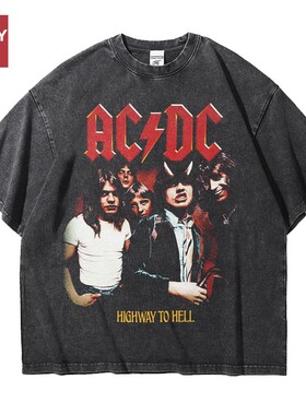 欧美acdc乐队硬摇滚宽松大码做旧水洗重磅纯棉五分短袖T恤男女夏