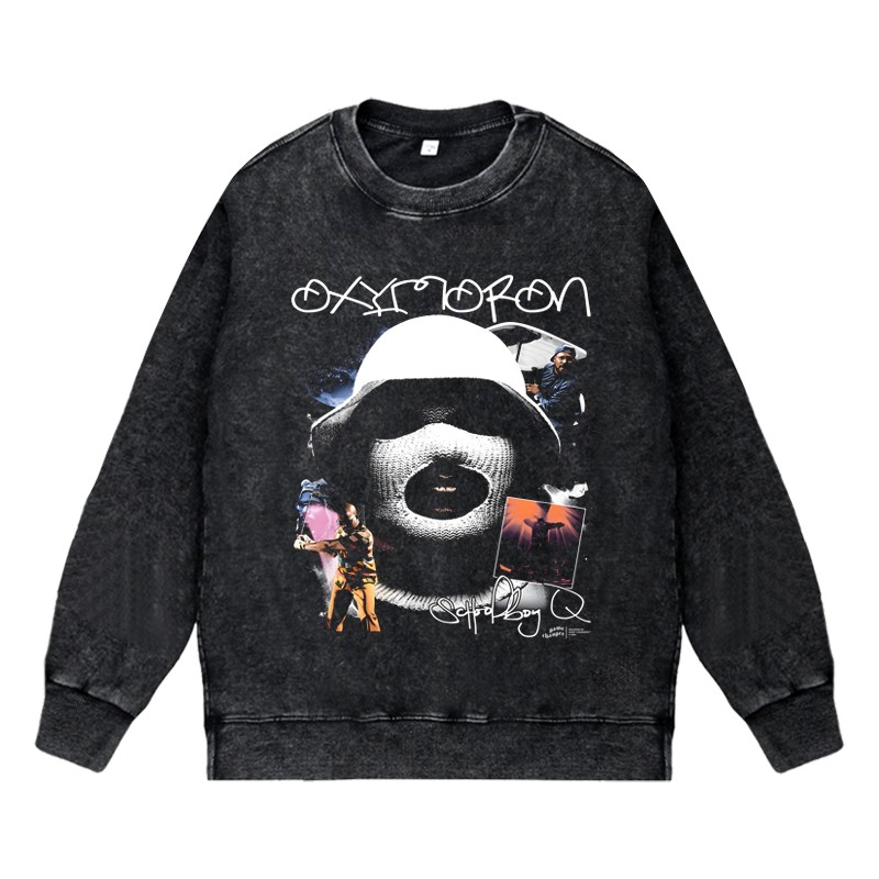 美式说唱嘻哈潮流apper水洗做旧印花vintage套头圆领卫衣OXYMORON