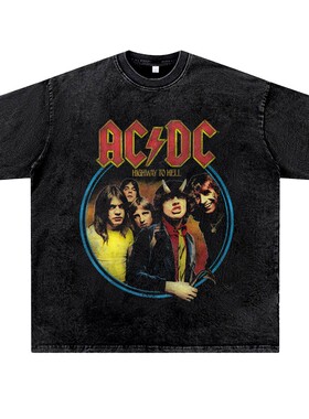 美式复古vintage水洗做旧ins潮流小众硬摇滚ACDC周边T恤男女夏季