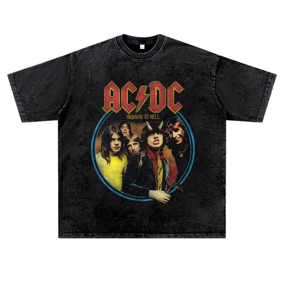 美式复古vintage水洗做旧ins潮流小众硬摇滚ACDC周边T恤男女夏季