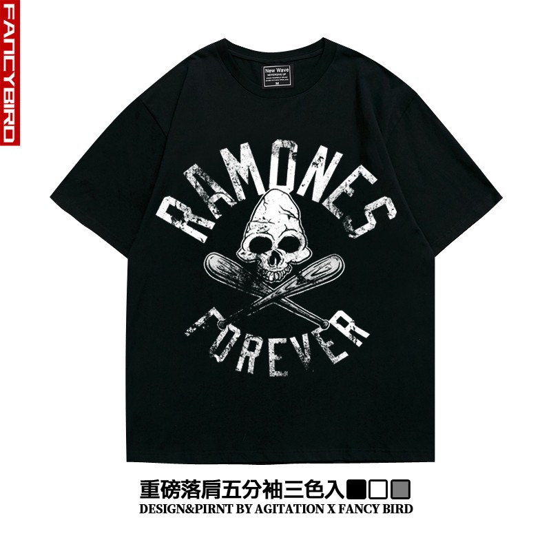 美式摇滚ramones雷蒙斯潮流oversize落肩五分袖宽松重磅T恤男女夏