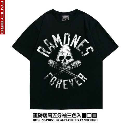 美式摇滚ramones雷蒙斯潮流oversize落肩五分袖宽松重磅T恤男女夏