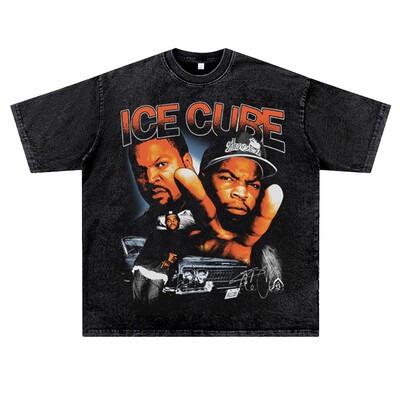美式复古水洗做旧说唱嘻哈rapper厂牌icecube潮流短半袖T恤夏季男