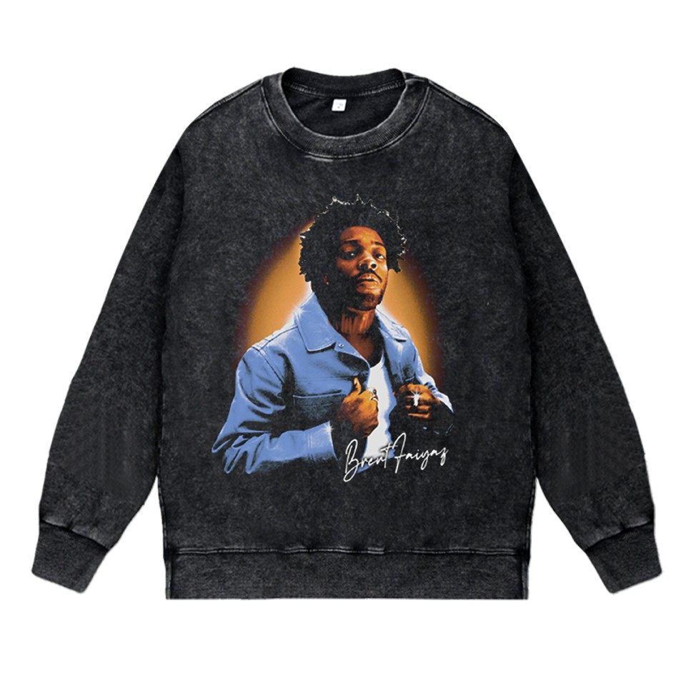 美式说唱歌手rapper水洗做旧vintage秋冬套头圆领衣brent faiyaz