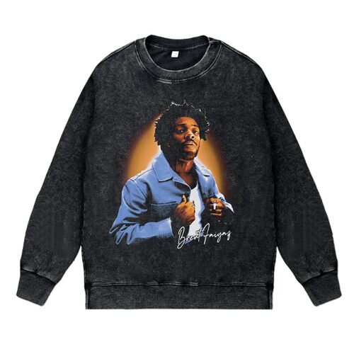 美式说唱歌手rapper水洗做旧vintage秋冬套头圆领衣brent faiyaz