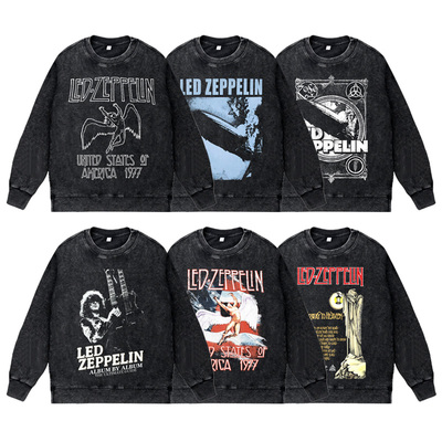 美式复古做旧水洗vintage圆领套头卫衣摇滚ledzeppelin齐柏林飞艇