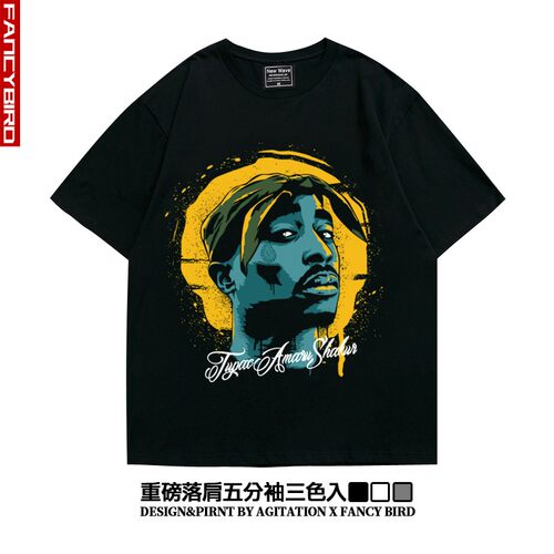 2pacins潮牌匪帮hiphop高街阿美咔叽重磅落肩五分袖纯棉宽松T恤男