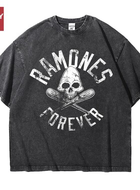 雷蒙斯ramones摇滚朋克做旧水洗重磅oversize宽松纯棉五分短袖男
