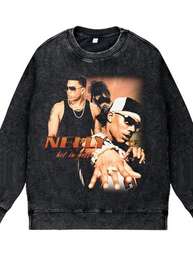 美式西海岸说唱嘻哈apper水洗做旧高街印花vintage套头卫衣Nelly