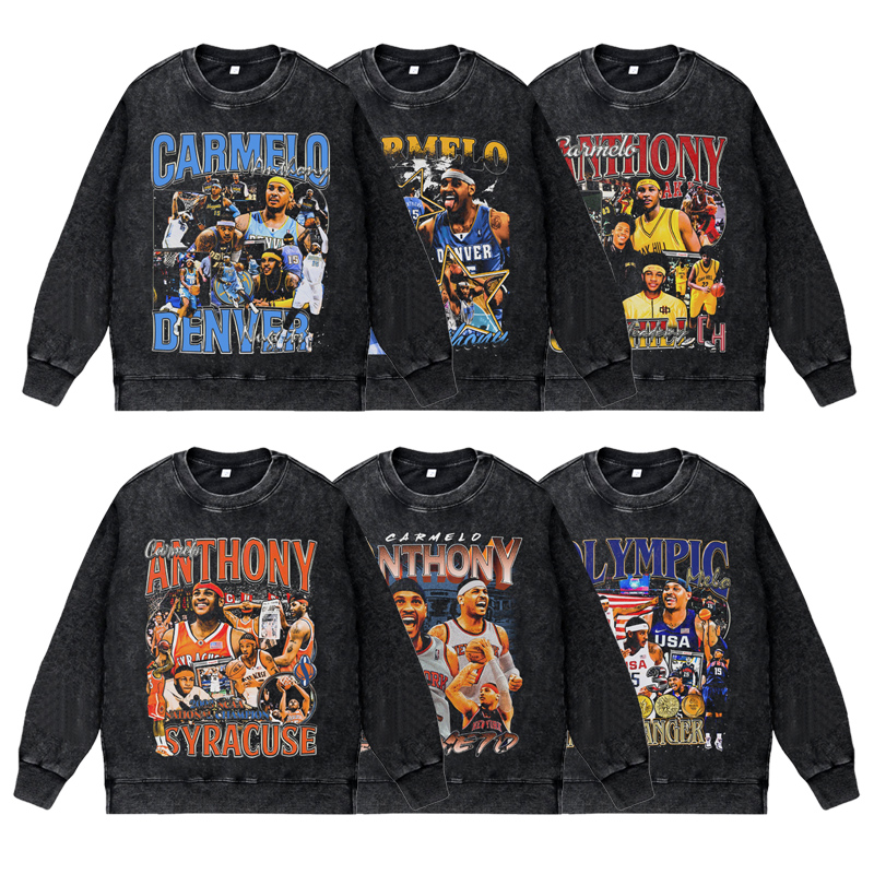 美式篮球球星卡梅隆安东尼掘金队复古vintage高街水洗圆领卫衣男