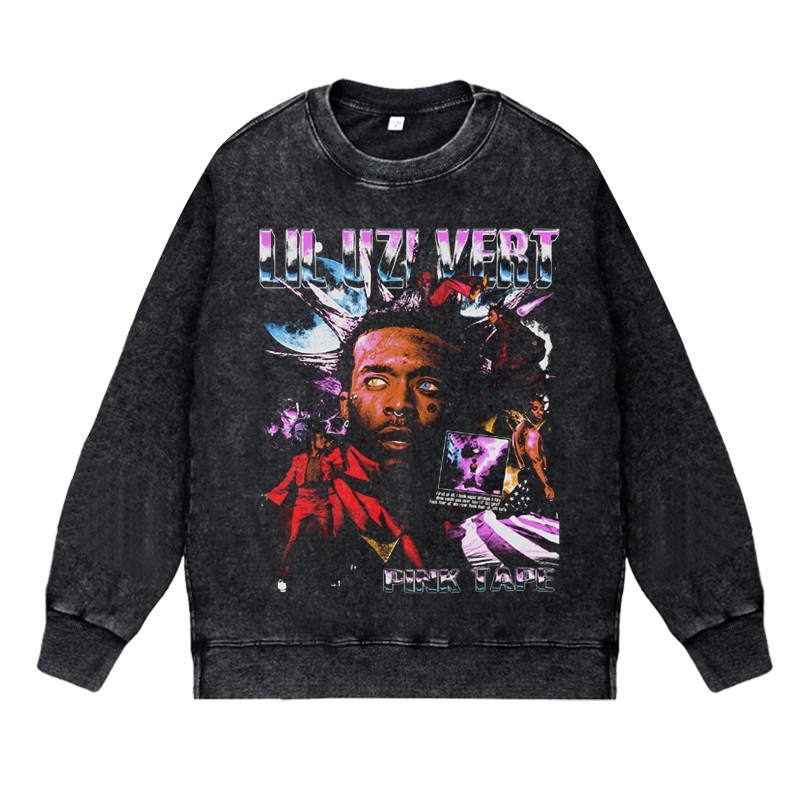 美式说唱嘻哈apper水洗做旧vintage秋冬套头圆领衣Lil Uzi李乌兹