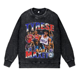 美式篮球球星泰里斯马克西76人队复古vintage高街水洗圆领卫衣男