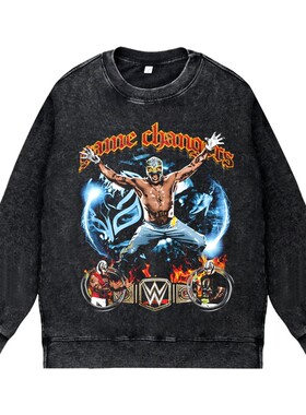 美式水洗做旧vintage圆领套头卫衣WWE摔跤神秘人雷尔REYMYSTERIO