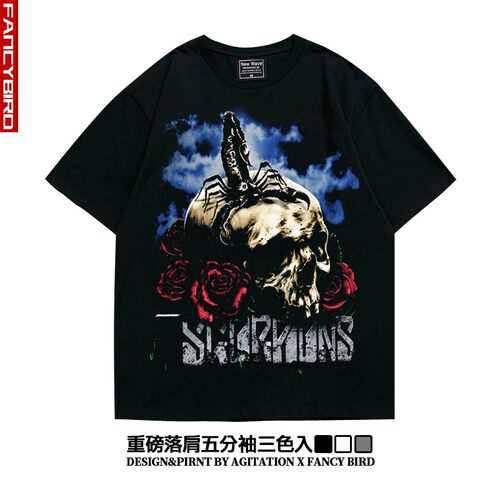 美式摇滚蝎子Scorpions潮流oversize落肩五分袖重磅宽松T恤男女夏