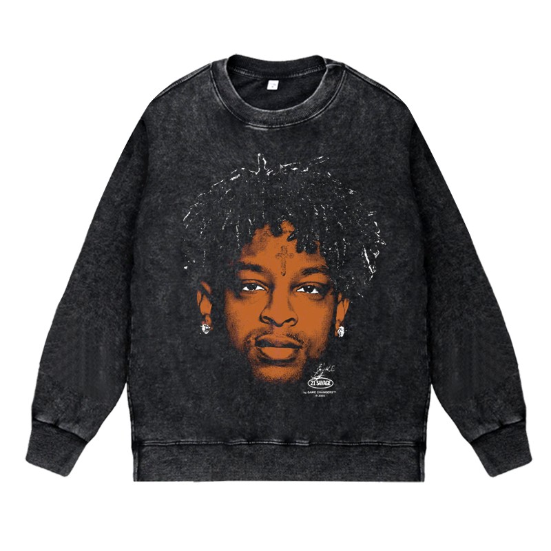 美式说唱歌手水洗做旧vintage秋冬套头圆领卫衣21SAVAGE周边印花