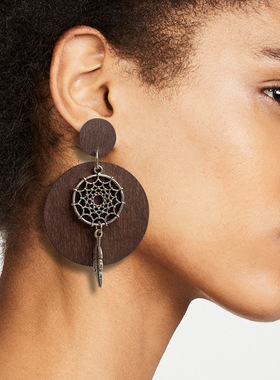 捕梦网简约复古木质耳环耳坠欧美个性夸张波西米亚几何长款民族风