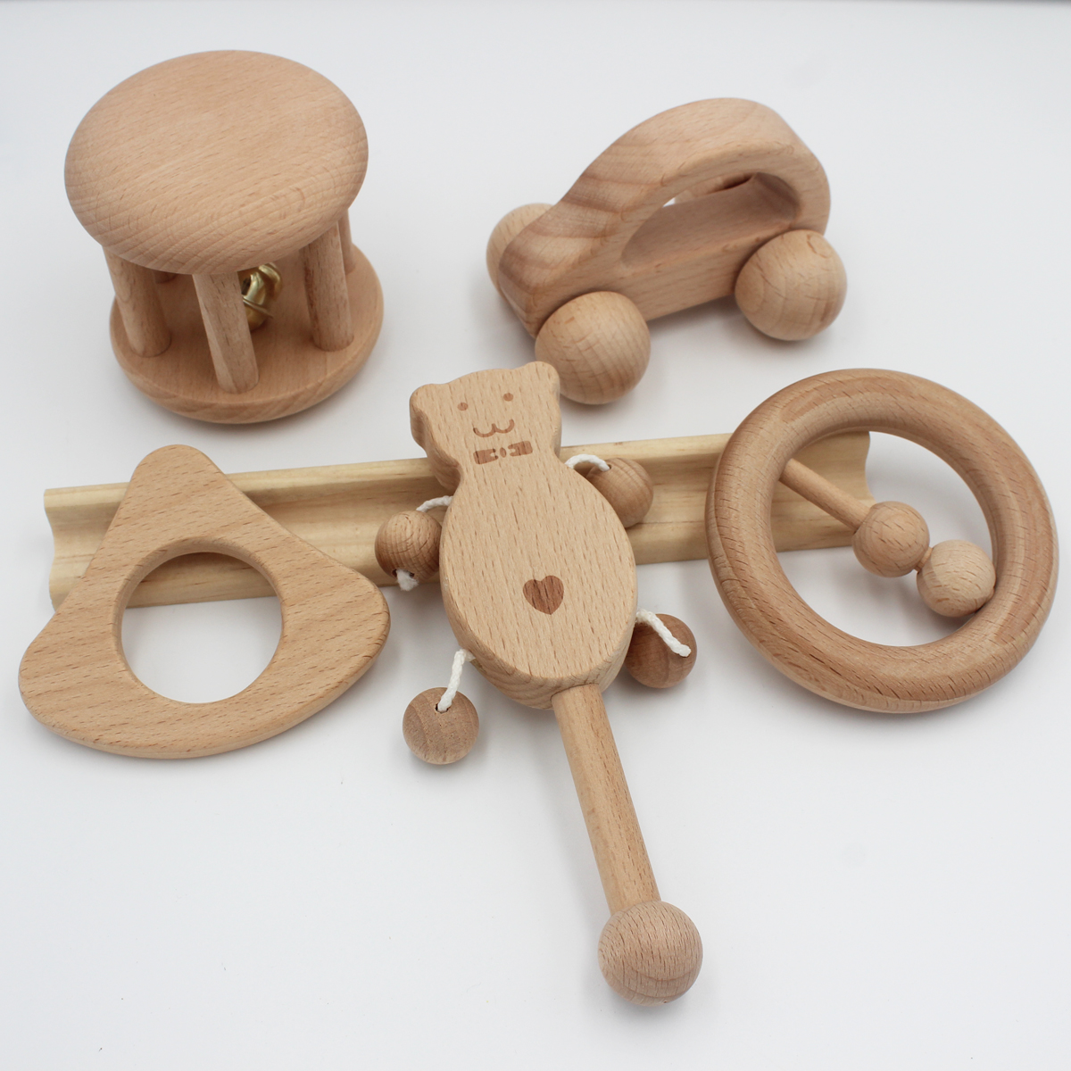 新生儿安抚玩具磨牙摇铃套装实木