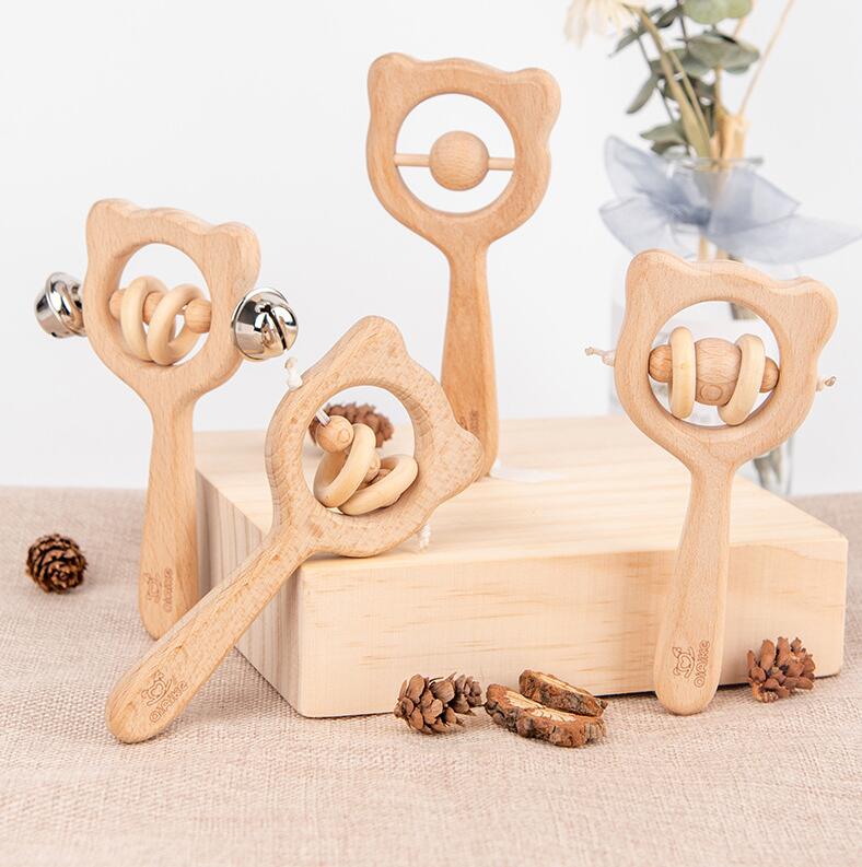 BT13 木制卡通婴儿手摇铃益智早教玩具宝宝榉木实木动物摇铃