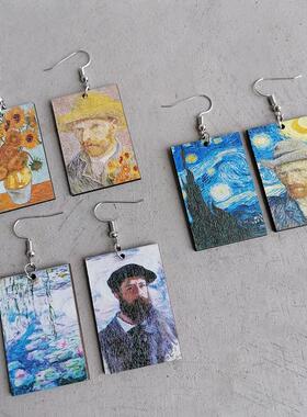 原创设计个性耳饰几何非对称图案耳坠彩绘艺术家油画星夜耳环女