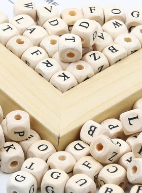 diy饰品配件木珠串珠材料10mm白色印字母方木珠散珠 100颗/包