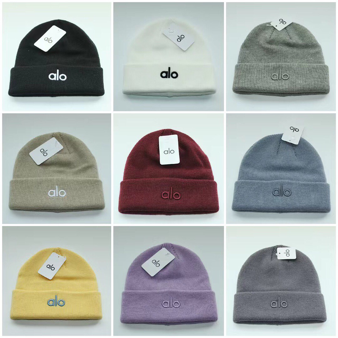 正品现货ALO圆顶针织帽男女刺绣弹力时尚毛线帽冬季冷帽