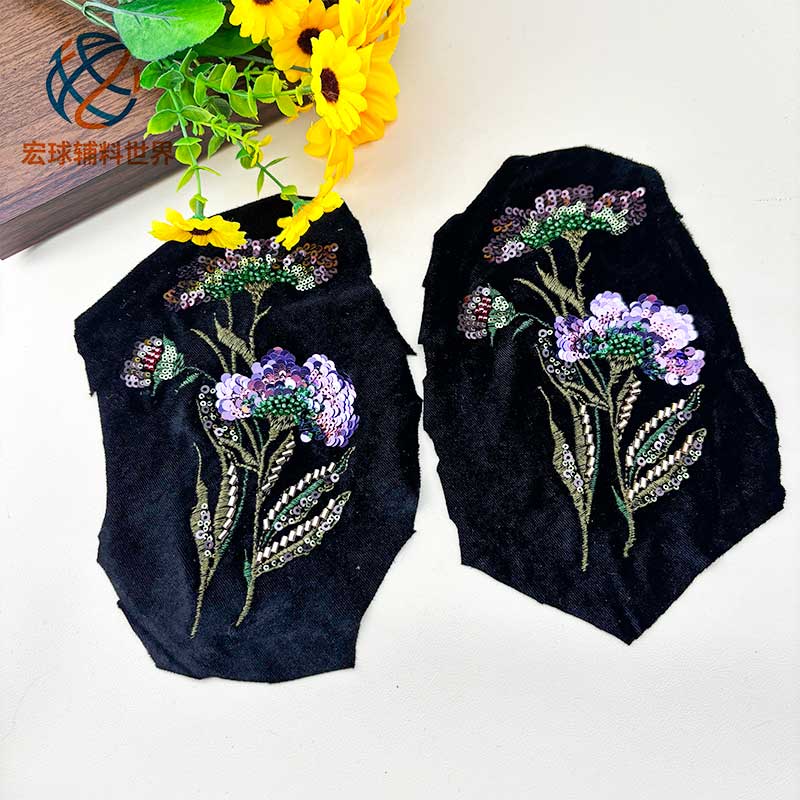 粉红玛丽风紫色钉珠亮片绒布贴高服装花边